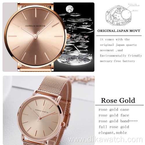 Hannah Martin CC36 Stainless Steel Band Japan Quartz Movement Waterproof Women Full Rose Gold Ladies Luxury Wrist Watch